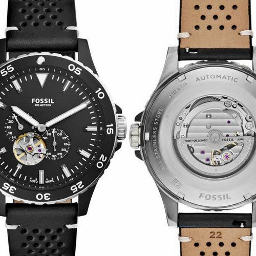 Shop Authentic Fossil Crewmaster Sports Automatic Black Dial Black Leather Strap Watch for Men - ME3148 - Luxxuri
