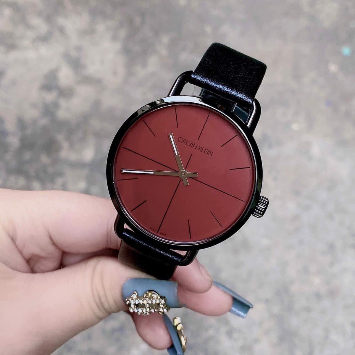 Calvin Klein Even Maroon Dial Black Leather Strap Watch for Men - K7B214CP
