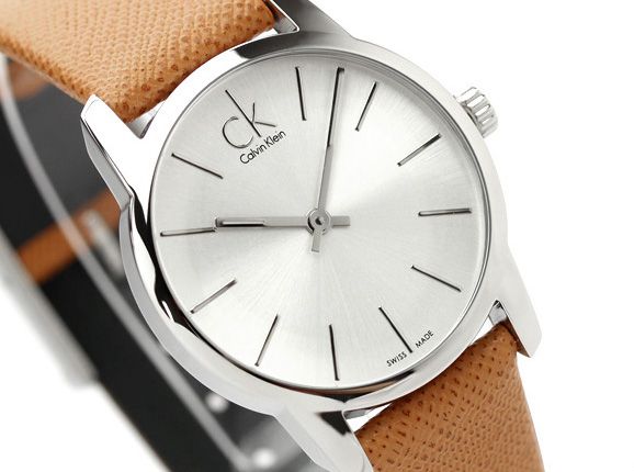 Shop Authentic Calvin Klein City Silver Dial Light Brown Leather Strap Watch For Women- K2G23120 - Luxxuri