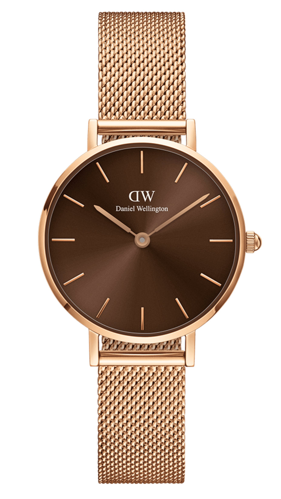 Shop Authentic Daniel Wellington Petite Amber Brown Dial Rose Gold Mesh Strap Watch for Women - DW00100478 - Luxxuri