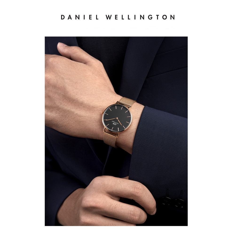 Shop Authentic Daniel Wellington Petite Melrose Black Dial Rose Gold Mesh Strap Watch For Women - DW00100303 - Luxxuri