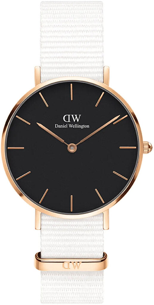 Shop Authentic Daniel Wellington Classic Petite Dover Black Dial White NATO Strap Watch For Women - DW00100312 - Luxxuri