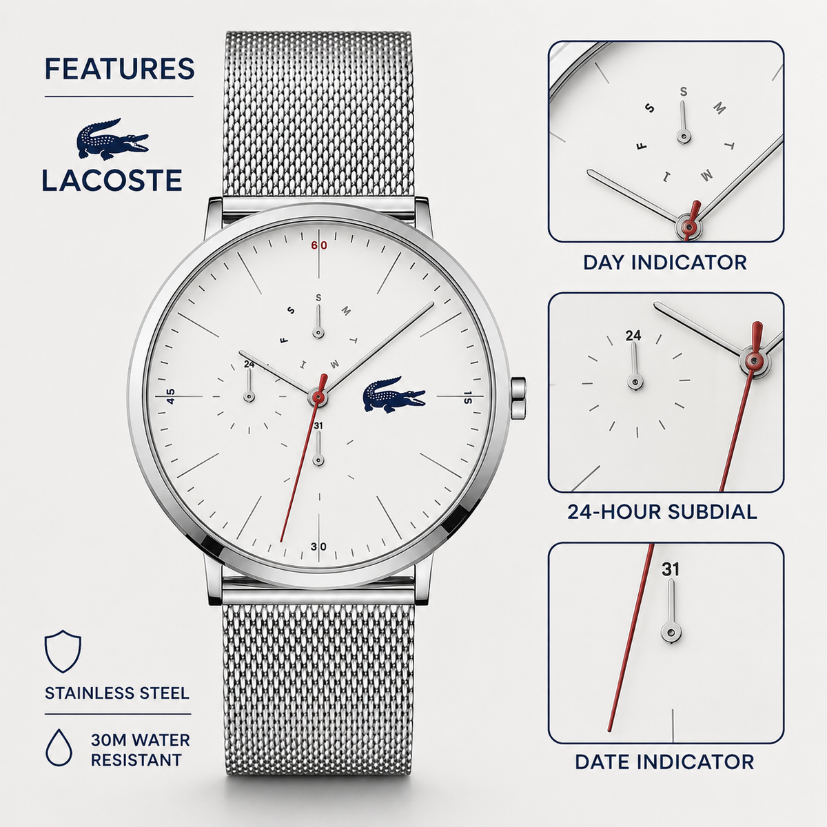 Lacoste Moon Multifunction White Dial Silver Steel Strap Watch for Men - 2011025