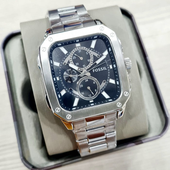 Shop Authentic Fossil Inscription Multifunction Black Dial Silver Steel Strap Watch for Men - BQ2655 - Luxxuri