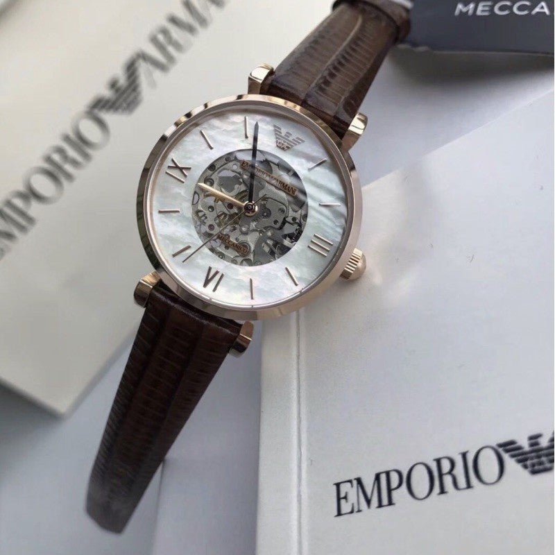 Shop Authentic Emporio Armani Meccanico Skeleton Mother of Pearl Dial Brown Leather Strap Watch For Women - AR1993 - Luxxuri