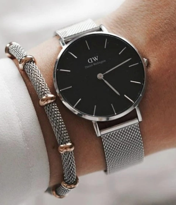 Shop Authentic Daniel Wellington Classic Petite Sterling Black Dial Silver Mesh Bracelet Watch For Women - DW00100162 - Luxxuri