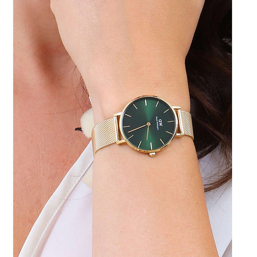 Shop Authentic Daniel Wellington Petite Emerald Green Dial Gold Mesh Strap Watch For Women - DW00100481 - Luxxuri
