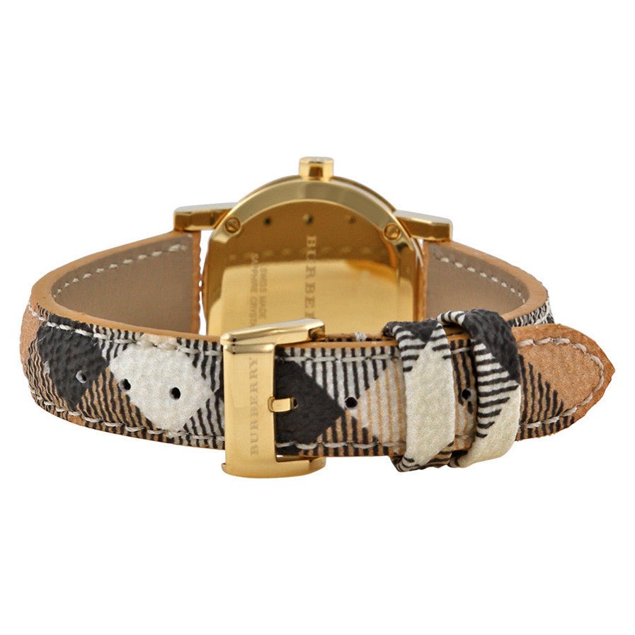 Shop Authentic Burberry The City Gold Dial Haymarket Brown Leather Strap Watch for Women - BU9219 - Luxxuri