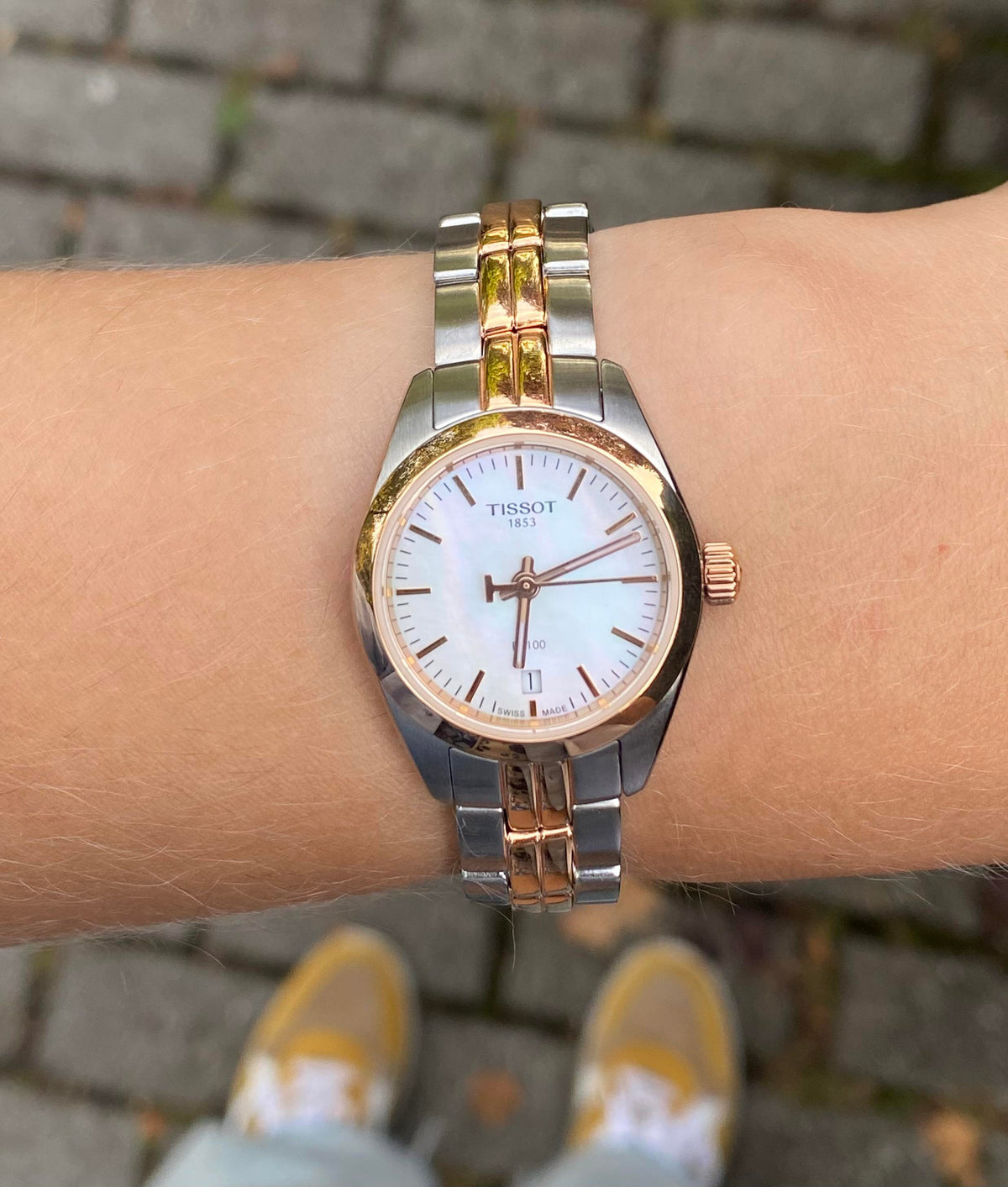 Shop Authentic Tissot T Classic PR100 Mother of Pearl Dial Two Tone Steel Strap Watch for Women - T101.010.22.111.01 - Luxxuri