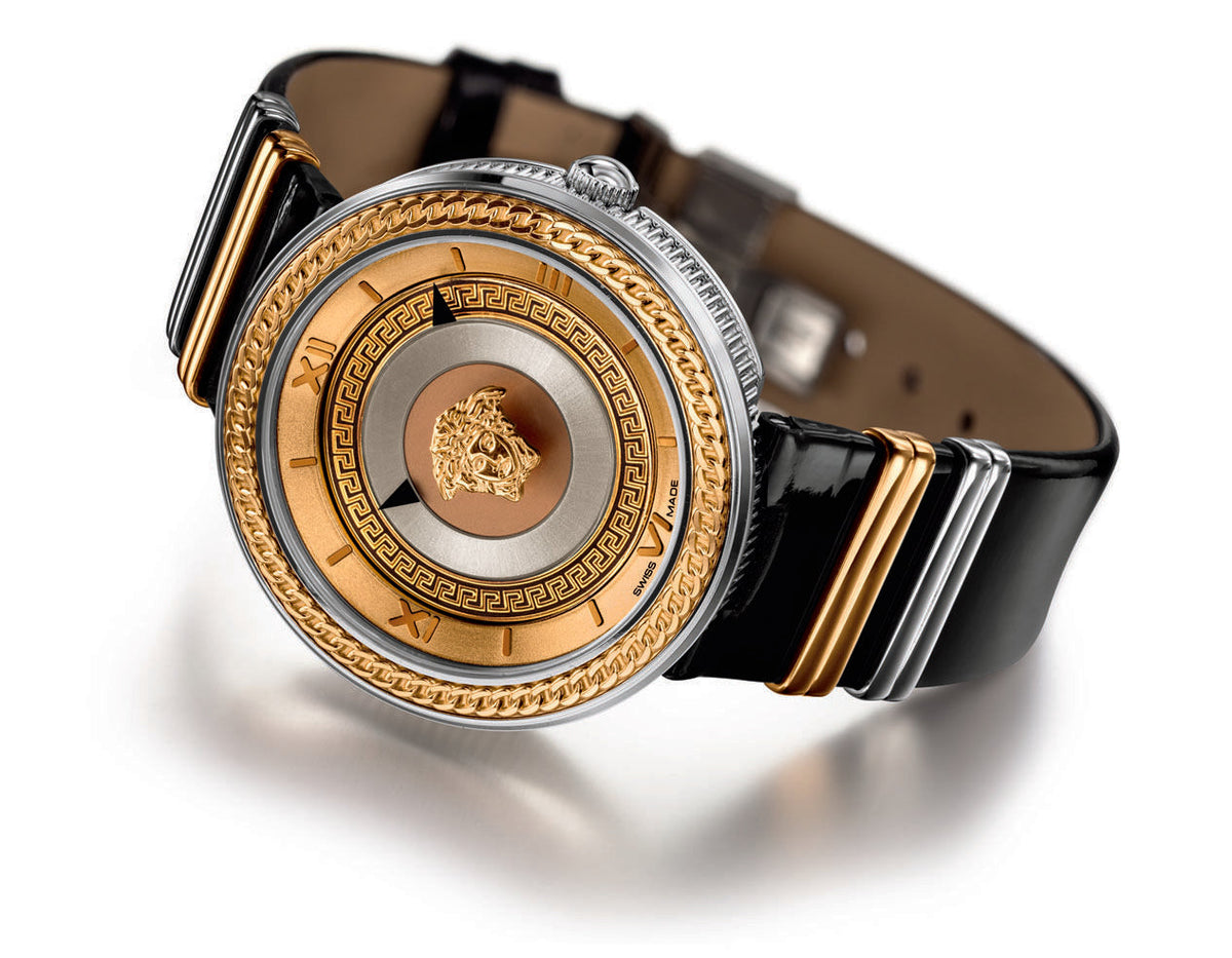 Versace V Metal Icon Gold Dial Black & Silver & Gold Strap Watch for Women - VLC020014