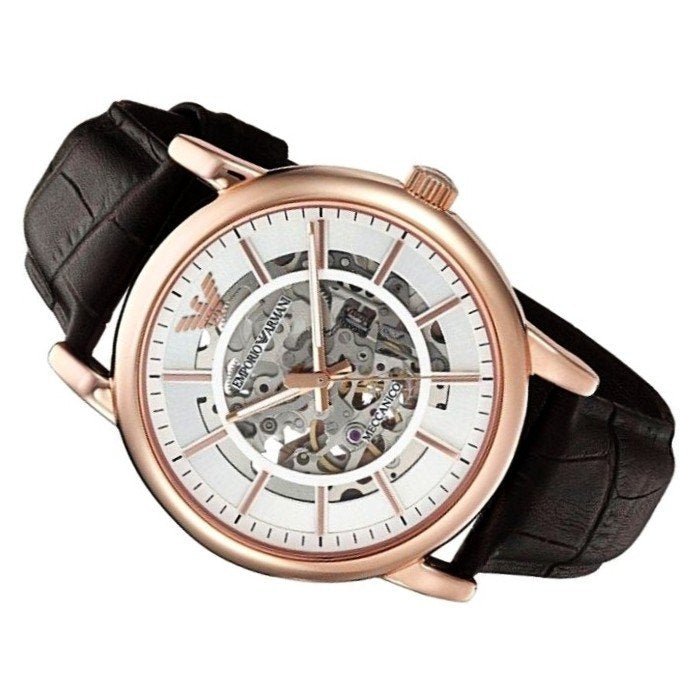 Shop Authentic Emporio Armani Meccanico Silver Skeleton Dial Brown Leather Strap Watch For Men - AR1983 - Luxxuri
