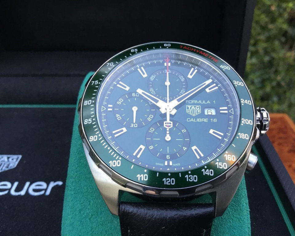 Shop Authentic Tag Heuer Formula 1 Calibre 16 Automatic Chronograph Green Dial Black Leather Strap Watch for Men - CAZ2016.FC6473 - Luxxuri