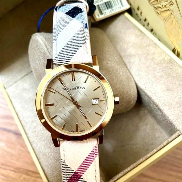 Shop Authentic Burberry The City Gold Dial Haymarket Brown Leather Strap Watch for Women - BU9026 - Luxxuri
