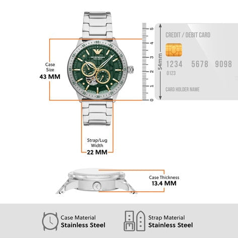Emporio Armani Meccanico Chronograph Automatic Green Dial Silver Steel Strap Watch For Men - AR60053