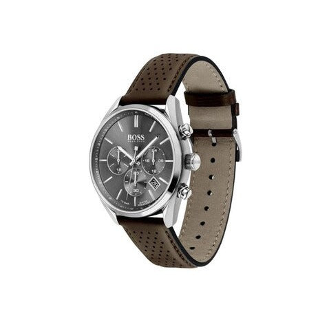 Shop Authentic Hugo Boss Grand Prix Grey Dial Brown Leather Strap Watch for Men - 1513476 - Luxxuri