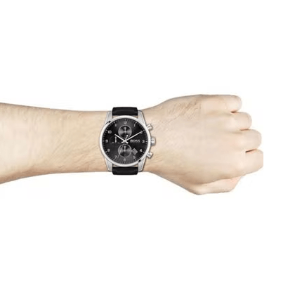 Hugo Boss Skymaster Chronograph Black Dial Black Leather Strap Watch for Men - 1513782