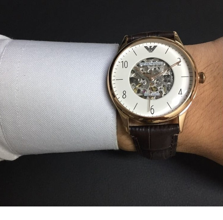 Shop Authentic Emporio Armani Meccanico White Dial Brown Leather Strap Watch For Men - AR1920 - Luxxuri