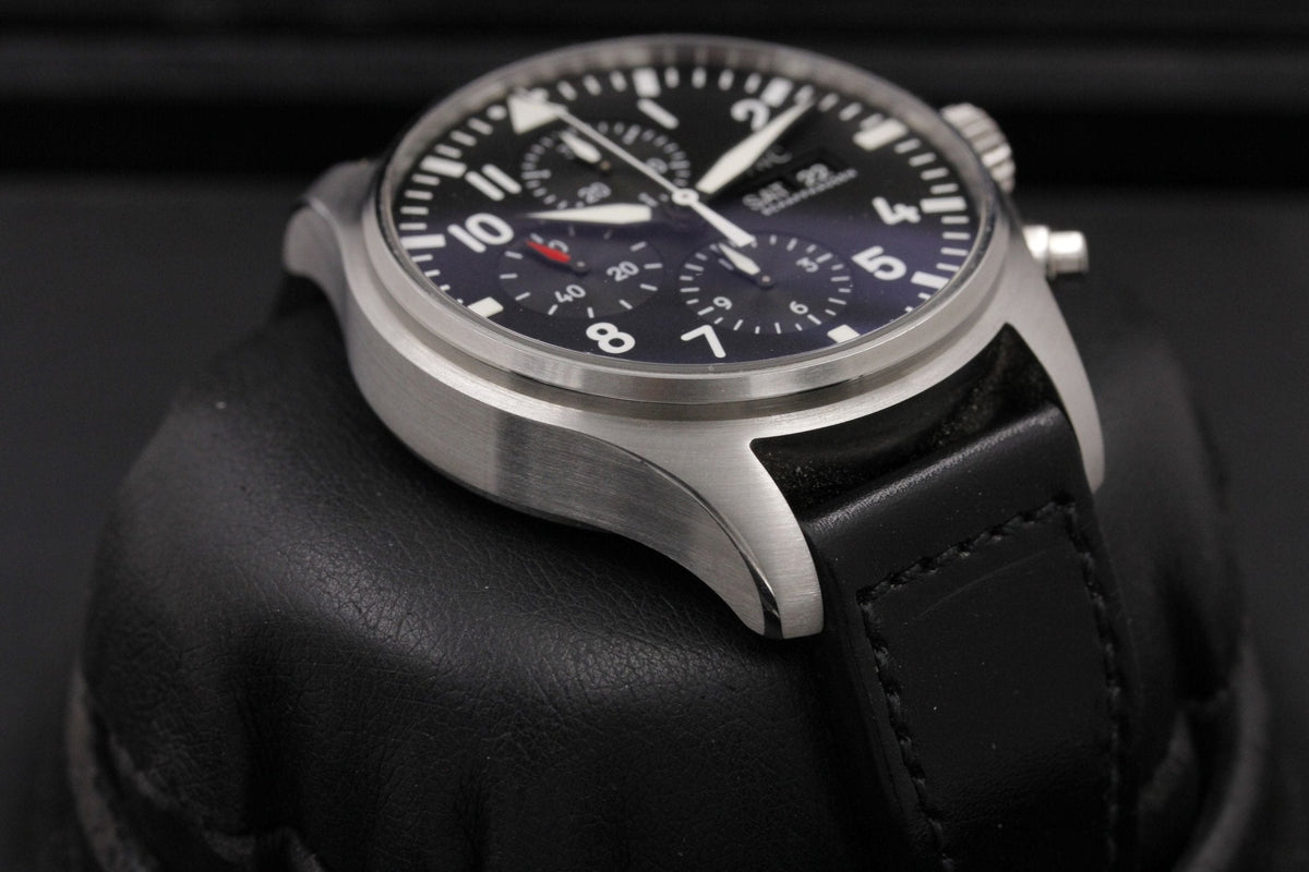 Shop Authentic IWC Pilot's Watch Chronograph Black Dial Black Leather Strap Watch for Men - IW377709 - Luxxuri