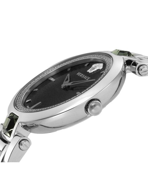 Versace Crystal Gleam Guilloche Black Dial Silver Steel Strap Watch for Women - VAN030016
