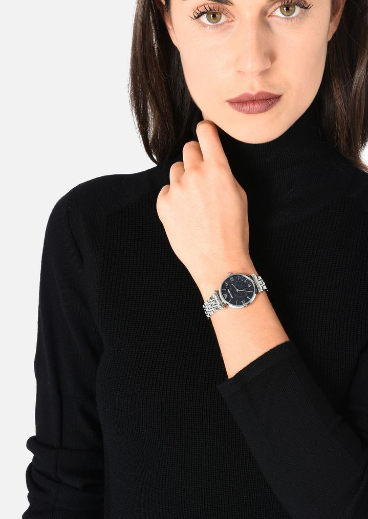 Shop Authentic Emporio Armani Gianni T Bar Dark Blue Dial Silver Stainless Steel Watch For Women - AR11091 - Luxxuri