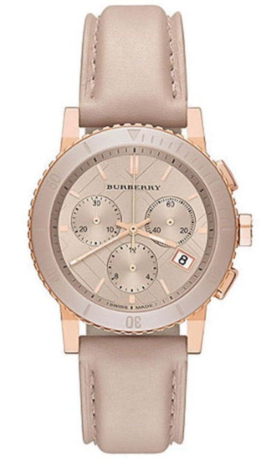 Shop Authentic Burberry Chronograph Rose Gold Dial Beige Leather Strap Watch for Women - BU9704 - Luxxuri