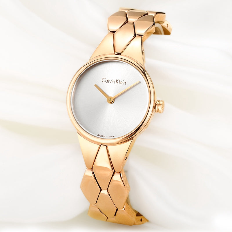 Shop Authentic Calvin Klein Snake Silver Dial Rose Gold Steel Strap Watch For Women - K6E23646 - Luxxuri