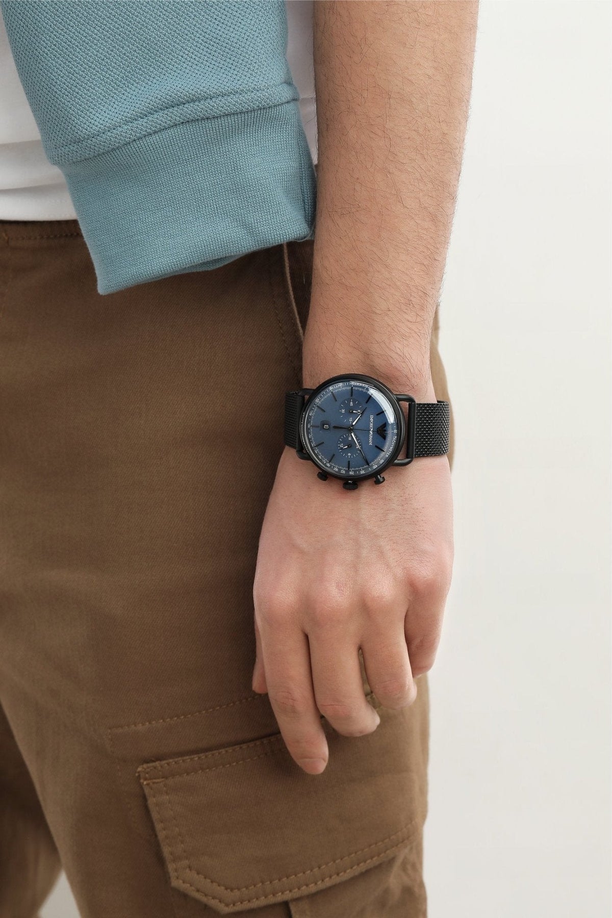 Shop Authentic Emporio Armani Aviator Chronograph Blue Dial Black Mesh Bracelet Watch For Men - AR11201 - Luxxuri