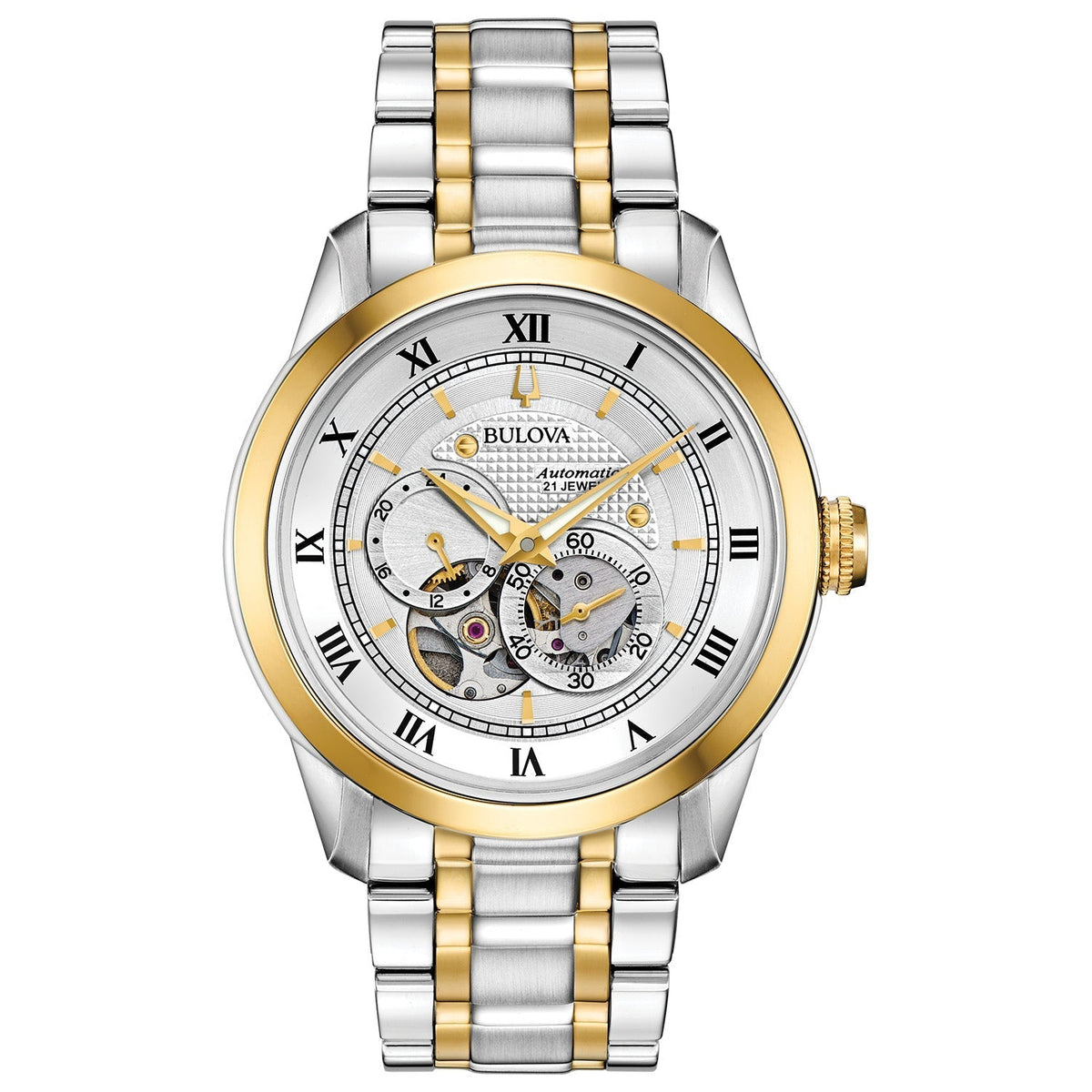 Shop Authentic Bulova BVA Skeleton Silver Dial Two Tone Steel Strap Watch for Men - 98A230 - Luxxuri