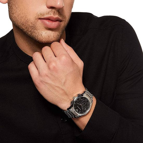 Emporio Armani Valente Chronograph Quartz Black Dial Silver Steel Strap Watch For Men - AR11083
