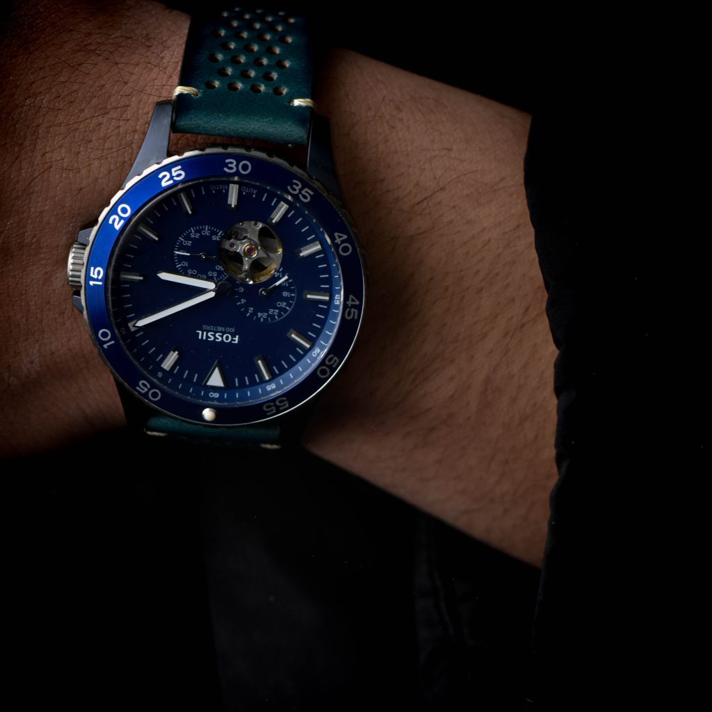 Shop Authentic Fossil Crewmaster Sports Automatic Blue Dial Blue Leather Strap Watch for Men - ME3149 - Luxxuri