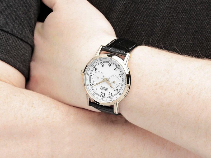 Shop Authentic Citizen Watch Eco Drive Day & Date White Dial Black Leather Strap Watch For Men - AO9003-16A - Luxxuri