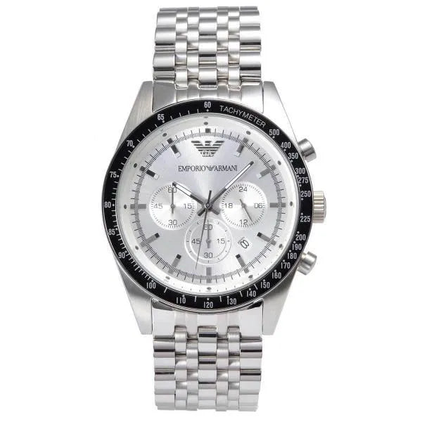 Shop Authentic Emporio Armani Sportivo Chronograph Silver Dial Silver Steel Strap Watch For Men - AR6073 - Luxxuri