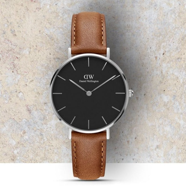 Shop Authentic Daniel Wellington Petite Sterling Black Dial Brown Leather Strap Watch For Women - DW00100178 - Luxxuri