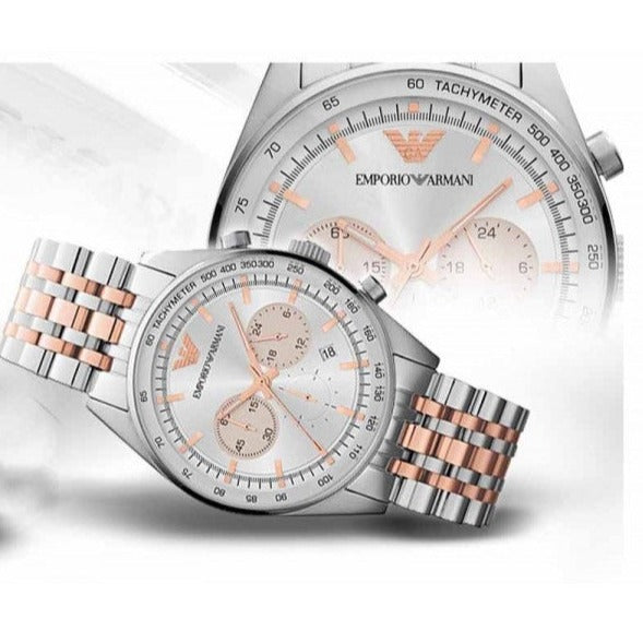 Shop Authentic Emporio Armani Sportivo Chronograph Silver Dial Two Tone Steel Strap Watch For Men - AR5999 - Luxxuri