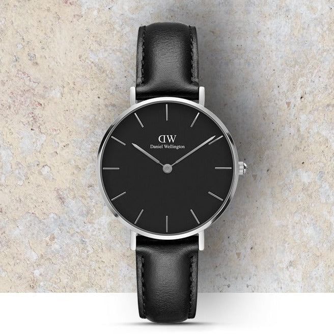 Shop Authentic Daniel Wellington Petite Sheffield Black Dial Black Leather Strap Watch For Women - DW00100180 - Luxxuri