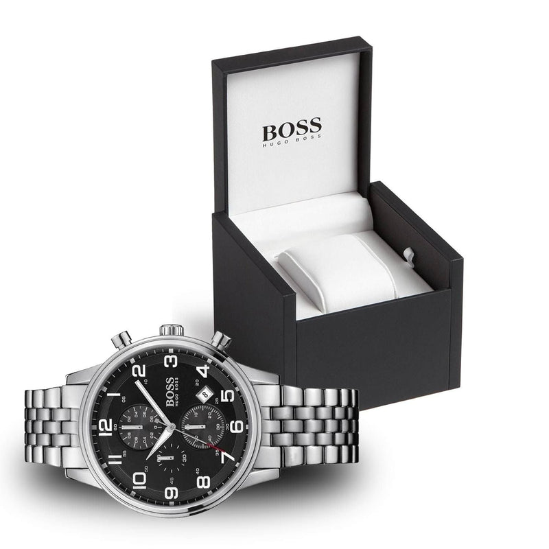 Shop Authentic Hugo Boss Aeroliner Chronograph Black Dial Silver Steel Strap Watch For Men - 1512446 - Luxxuri
