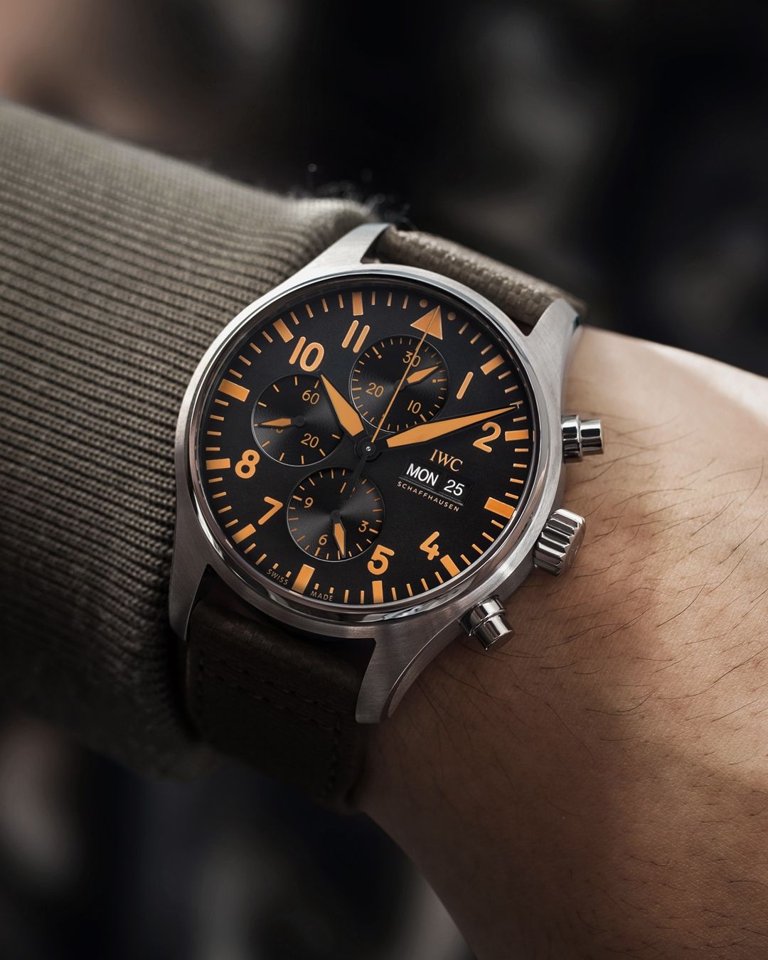 Shop Authentic IWC Pilot's Watch Chronograph Black Dial Olive Green Calfskin Strap Watch for Men - IW377730 - Luxxuri