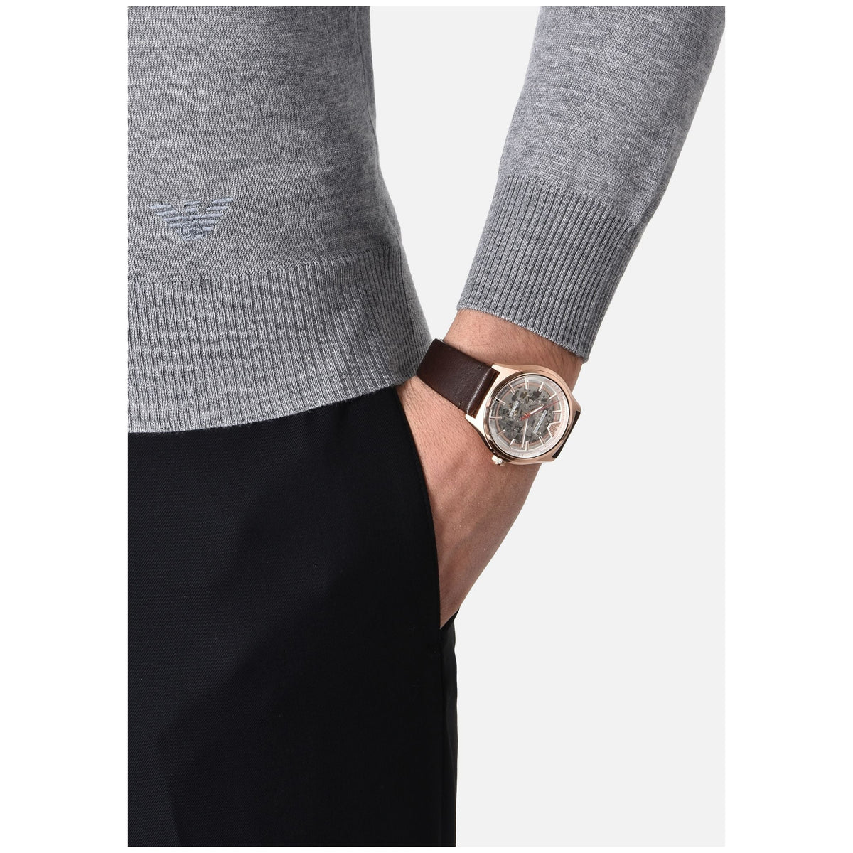 Shop Authentic Emporio Armani Meccanico White Skeleton Dial Brown Leather Strap Watch For Men - AR60005 - Luxxuri