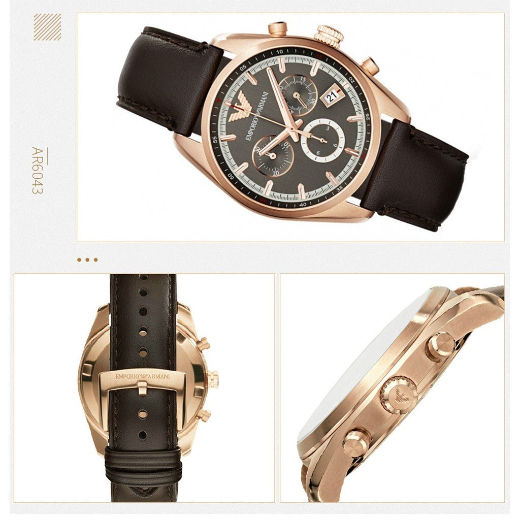 Shop Authentic Emporio Armani Chronograph Gray Dial Brown Leather Strap Watch For Men - AR6043 - Luxxuri