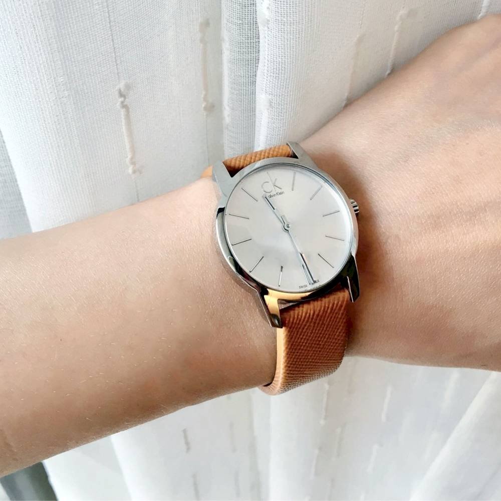 Shop Authentic Calvin Klein City Silver Dial Light Brown Leather Strap Watch For Women- K2G23120 - Luxxuri