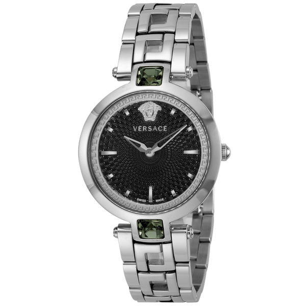Versace Crystal Gleam Guilloche Black Dial Silver Steel Strap Watch for Women - VAN030016