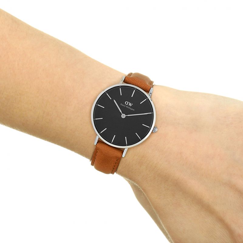 Shop Authentic Daniel Wellington Petite Sterling Black Dial Brown Leather Strap Watch For Women - DW00100178 - Luxxuri