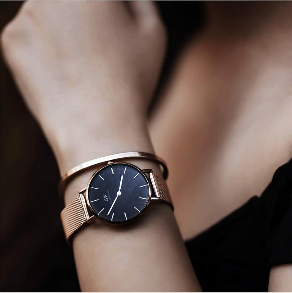 Shop Authentic Daniel Wellington Petite Melrose Black Dial Rose Gold Mesh Strap Watch For Women - DW00100303 - Luxxuri
