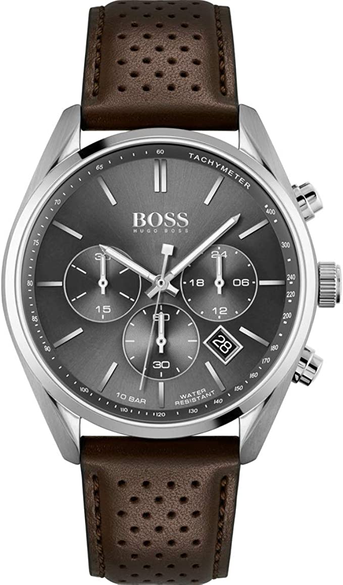 Shop Authentic Hugo Boss Champion Grey Dial Brown Leather Strap Watch for Men - 1513815 - Luxxuri