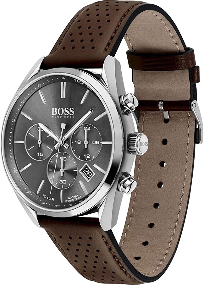 Shop Authentic Hugo Boss Champion Grey Dial Brown Leather Strap Watch for Men - 1513815 - Luxxuri