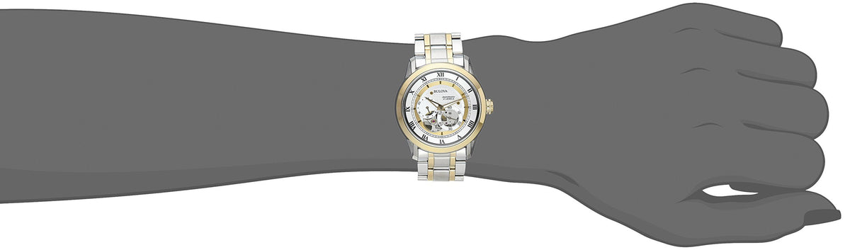 Shop Authentic Bulova BVA Skeleton Silver Dial Two Tone Steel Strap Watch for Men - 98A123 - Luxxuri
