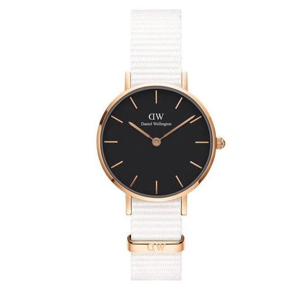 Shop Authentic Daniel Wellington Classic Petite Dover Black Dial White NATO Strap Watch For Women - DW00100314 - Luxxuri