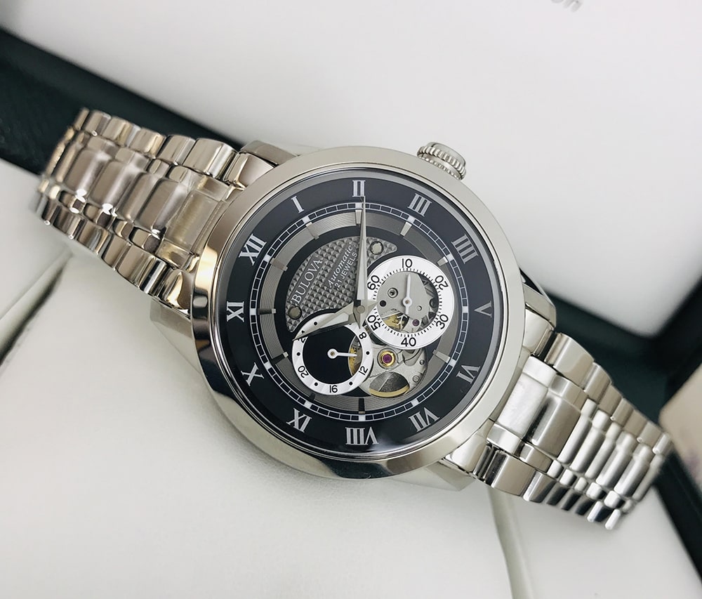 Shop Authentic Bulova BVA Dual Aperture Black Dial Silver Steel Strap Watch for Men - 96A119 - Luxxuri