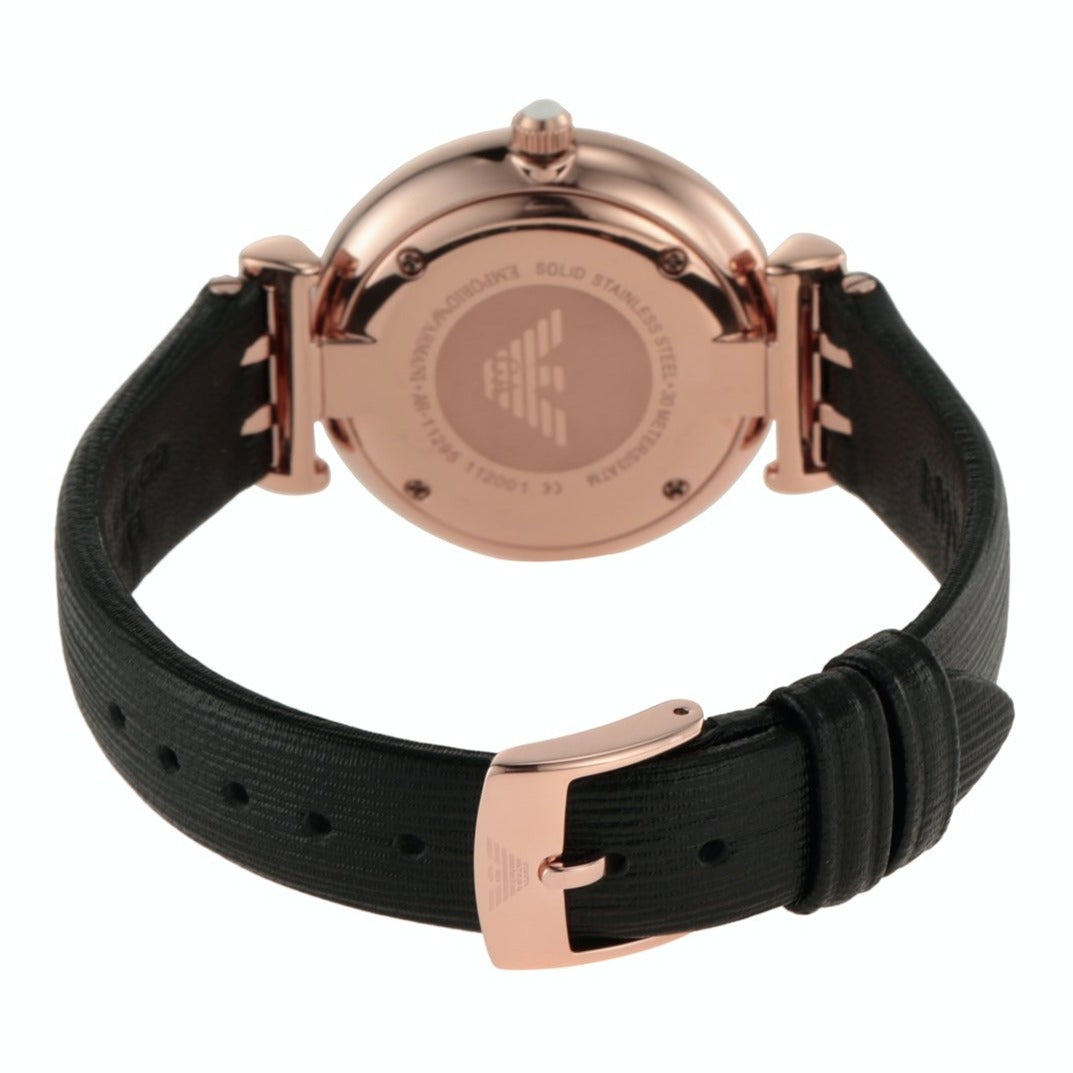 Emporio Armani Gianni T-Bar Mother of Pearl Dial Black Leather Strap Watch For Women - AR11295