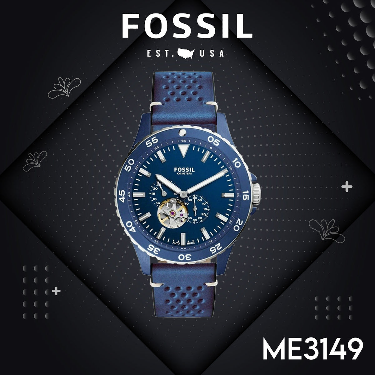 Shop Authentic Fossil Crewmaster Sports Automatic Blue Dial Blue Leather Strap Watch for Men - ME3149 - Luxxuri